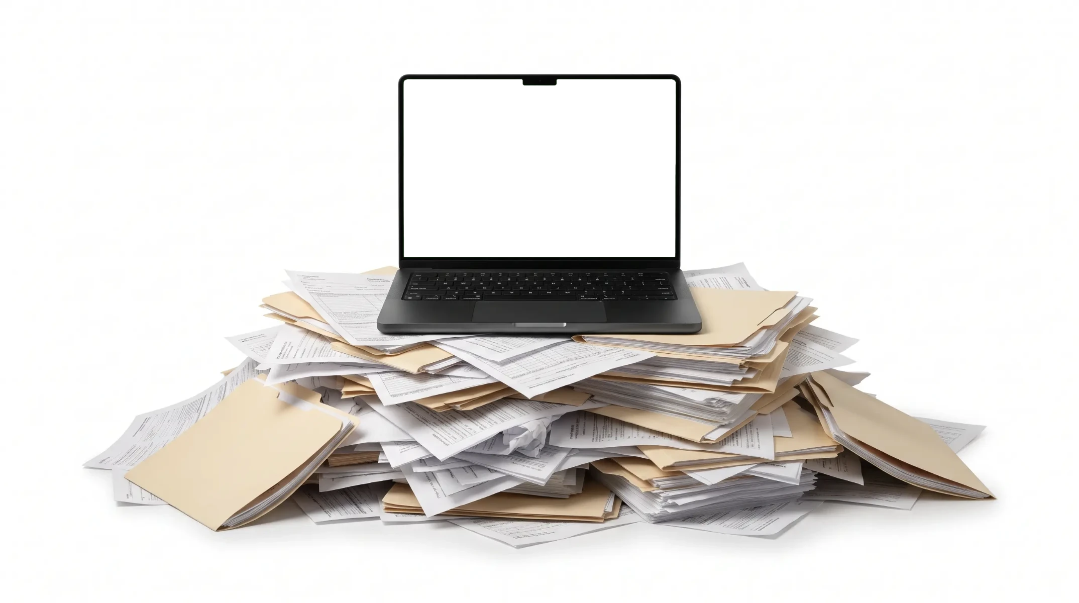 A laptop resting on a large pile of paper files